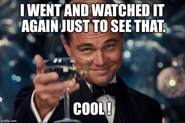 Leonardo Dicaprio Cheers Meme | I WENT AND WATCHED IT AGAIN JUST TO SEE THAT. COOL ! | image tagged in memes,leonardo dicaprio cheers | made w/ Imgflip meme maker