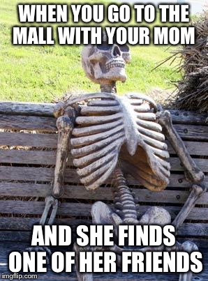 Waiting Skeleton | WHEN YOU GO TO THE MALL WITH YOUR MOM; AND SHE FINDS ONE OF HER FRIENDS | image tagged in memes,waiting skeleton | made w/ Imgflip meme maker