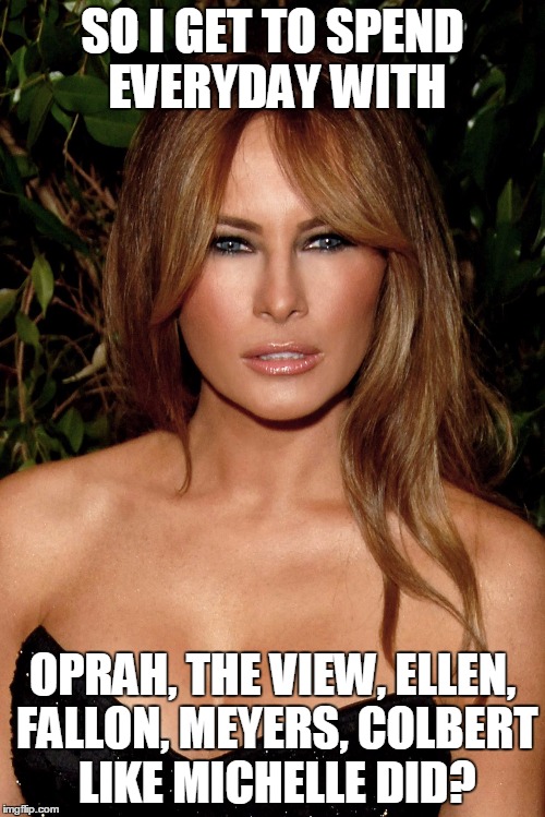 melania trump | SO I GET TO SPEND EVERYDAY WITH; OPRAH, THE VIEW, ELLEN, FALLON, MEYERS, COLBERT LIKE MICHELLE DID? | image tagged in melania trump | made w/ Imgflip meme maker