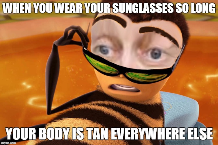 steve beescemi | WHEN YOU WEAR YOUR SUNGLASSES SO LONG; YOUR BODY IS TAN EVERYWHERE ELSE | image tagged in steve beescemi,memes,so true memes,steve buscemi,bee movie | made w/ Imgflip meme maker