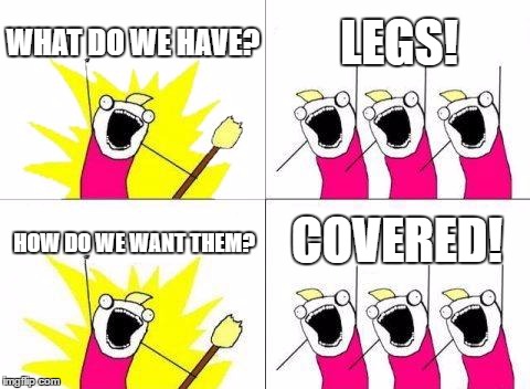 What Do We Want Meme | WHAT DO WE HAVE? LEGS! COVERED! HOW DO WE WANT THEM? | image tagged in memes,what do we want | made w/ Imgflip meme maker