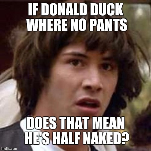 Conspiracy Keanu Meme | IF DONALD DUCK WHERE NO PANTS; DOES THAT MEAN HE'S HALF NAKED? | image tagged in memes,conspiracy keanu | made w/ Imgflip meme maker
