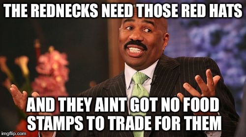 Steve Harvey Meme | THE REDNECKS NEED THOSE RED HATS AND THEY AINT GOT NO FOOD STAMPS TO TRADE FOR THEM | image tagged in memes,steve harvey | made w/ Imgflip meme maker