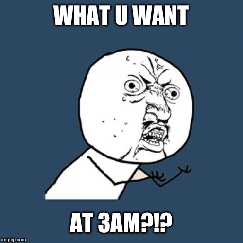 Y U No | WHAT U WANT; AT 3AM?!? | image tagged in memes,y u no | made w/ Imgflip meme maker