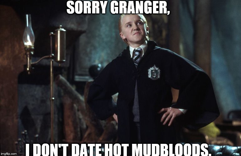 Harry Potter Draco | SORRY GRANGER, I DON'T DATE HOT MUDBLOODS. | image tagged in harry potter draco | made w/ Imgflip meme maker