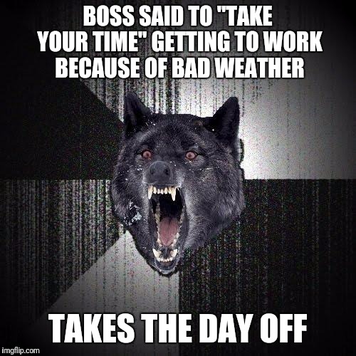 Insanity Wolf Meme |  BOSS SAID TO "TAKE YOUR TIME" GETTING TO WORK BECAUSE OF BAD WEATHER; TAKES THE DAY OFF | image tagged in memes,insanity wolf | made w/ Imgflip meme maker