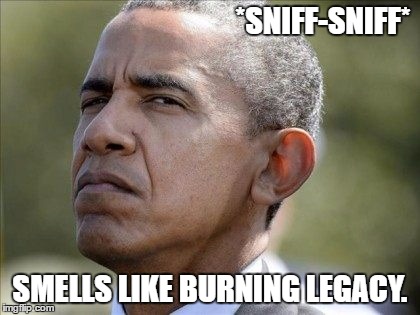 *SNIFF-SNIFF*; SMELLS LIKE BURNING LEGACY. | image tagged in obama scowl | made w/ Imgflip meme maker