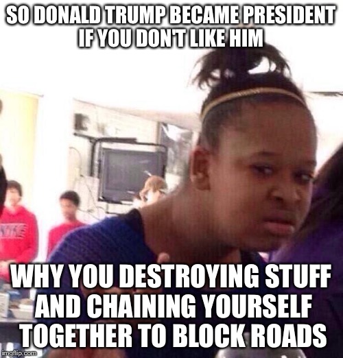 Black Girl Wat | SO DONALD TRUMP BECAME PRESIDENT IF YOU DON'T LIKE HIM; WHY YOU DESTROYING STUFF AND CHAINING YOURSELF TOGETHER TO BLOCK ROADS | image tagged in memes,black girl wat | made w/ Imgflip meme maker