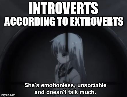 How Extroverts See Me | ACCORDING TO EXTROVERTS; INTROVERTS | image tagged in meme,memes,angel beats,anime,introvert,extrovert | made w/ Imgflip meme maker