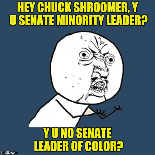 Y u no politically correct? | HEY CHUCK SHROOMER, Y U SENATE MINORITY LEADER? Y U NO SENATE LEADER OF COLOR? | image tagged in memes,y u no,chuck schumer,senate minority leader | made w/ Imgflip meme maker