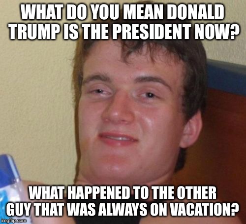 I'll Give You 10 Guesses Guy | WHAT DO YOU MEAN DONALD TRUMP IS THE PRESIDENT NOW? WHAT HAPPENED TO THE OTHER GUY THAT WAS ALWAYS ON VACATION? | image tagged in memes,10 guy,president trump,barack obama,liberals,funny memes | made w/ Imgflip meme maker