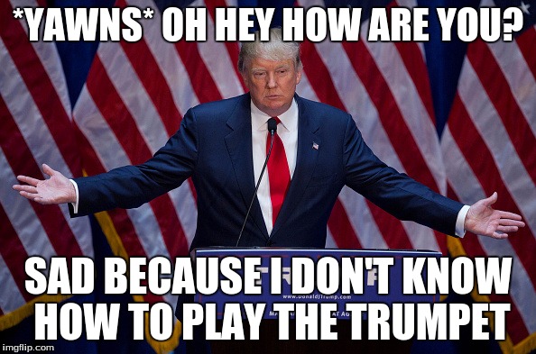 Donald Trump | *YAWNS* OH HEY HOW ARE YOU? SAD BECAUSE I DON'T KNOW HOW TO PLAY THE TRUMPET | image tagged in donald trump | made w/ Imgflip meme maker