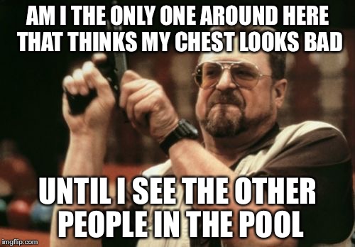 Am I The Only One Around Here Meme | AM I THE ONLY ONE AROUND HERE THAT THINKS MY CHEST LOOKS BAD UNTIL I SEE THE OTHER PEOPLE IN THE POOL | image tagged in memes,am i the only one around here | made w/ Imgflip meme maker