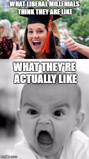 Just look at what they do online. | WHAT LIBERAL MILLENIALS THINK THEY ARE LIKE; WHAT THEY'RE ACTUALLY LIKE | image tagged in college liberal,social justice warrior,crying baby,liberal logic | made w/ Imgflip meme maker