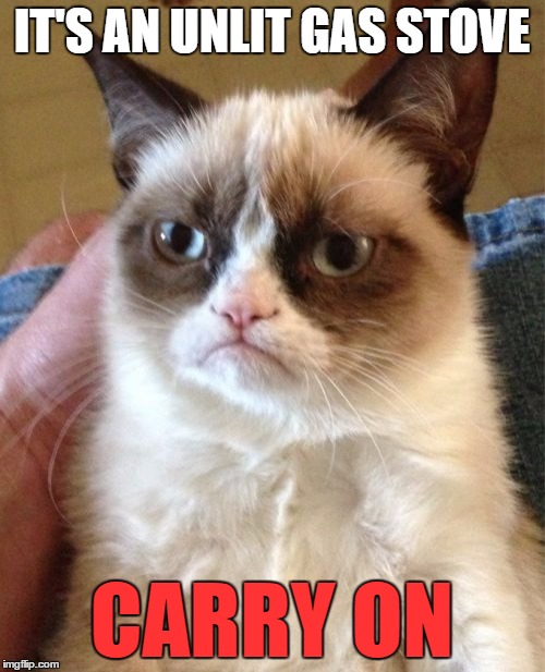 Grumpy Cat Meme | IT'S AN UNLIT GAS STOVE CARRY ON | image tagged in memes,grumpy cat | made w/ Imgflip meme maker