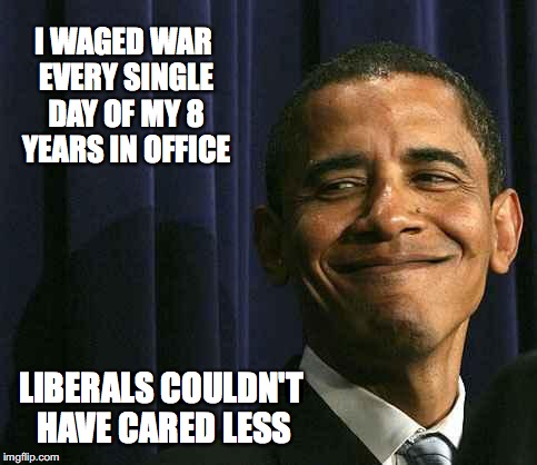 obama smug face | I WAGED WAR EVERY SINGLE DAY OF MY 8 YEARS IN OFFICE; LIBERALS COULDN'T HAVE CARED LESS | image tagged in obama smug face | made w/ Imgflip meme maker