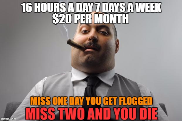 16 HOURS A DAY 7 DAYS A WEEK $20 PER MONTH MISS ONE DAY YOU GET FLOGGED MISS TWO AND YOU DIE | made w/ Imgflip meme maker