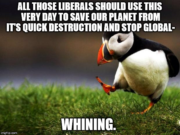 Unpopular Opinion Puffin | ALL THOSE LIBERALS SHOULD USE THIS VERY DAY TO SAVE OUR PLANET FROM IT'S QUICK DESTRUCTION AND STOP GLOBAL-; WHINING. | image tagged in memes,unpopular opinion puffin,trump protestors,liberals,funny,global warming | made w/ Imgflip meme maker