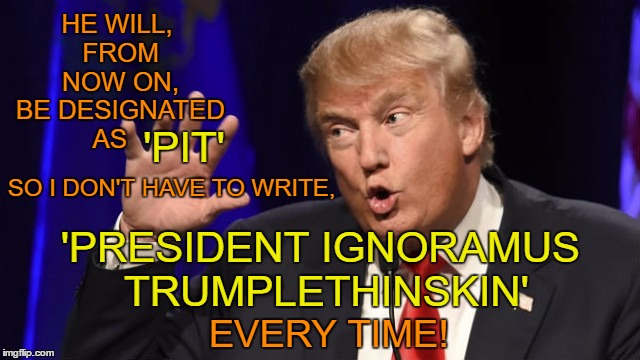 Trumplethinskin | HE WILL, FROM NOW ON, BE DESIGNATED AS; 'PIT'; SO I DON'T HAVE TO WRITE, 'PRESIDENT IGNORAMUS TRUMPLETHINSKIN'; EVERY TIME! | image tagged in donald trump,thin skin,'pit',writing,theresistance,resist | made w/ Imgflip meme maker