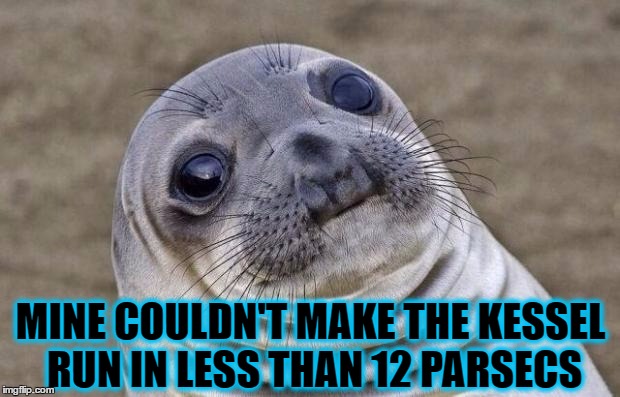 Awkward Moment Sealion Meme | MINE COULDN'T MAKE THE KESSEL RUN IN LESS THAN 12 PARSECS | image tagged in memes,awkward moment sealion | made w/ Imgflip meme maker