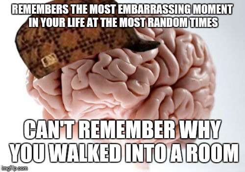 Scumbag Brain Meme | REMEMBERS THE MOST EMBARRASSING MOMENT IN YOUR LIFE AT THE MOST RANDOM TIMES; CAN'T REMEMBER WHY YOU WALKED INTO A ROOM | image tagged in memes,scumbag brain | made w/ Imgflip meme maker