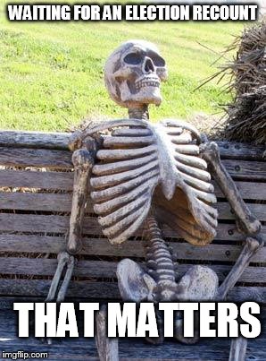 Waiting Skeleton | WAITING FOR AN ELECTION RECOUNT; THAT MATTERS | image tagged in memes,waiting skeleton | made w/ Imgflip meme maker