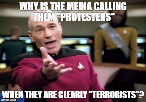 Picard Wtf | WHY IS THE MEDIA CALLING THEM "PROTESTERS"; WHEN THEY ARE CLEARLY "TERRORISTS"? | image tagged in memes,picard wtf | made w/ Imgflip meme maker