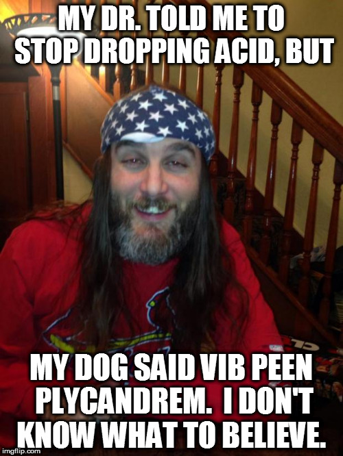 Crazy Mikel | MY DR. TOLD ME TO STOP DROPPING ACID, BUT; MY DOG SAID VIB PEEN PLYCANDREM.  I DON'T KNOW WHAT TO BELIEVE. | image tagged in crazy mikel | made w/ Imgflip meme maker