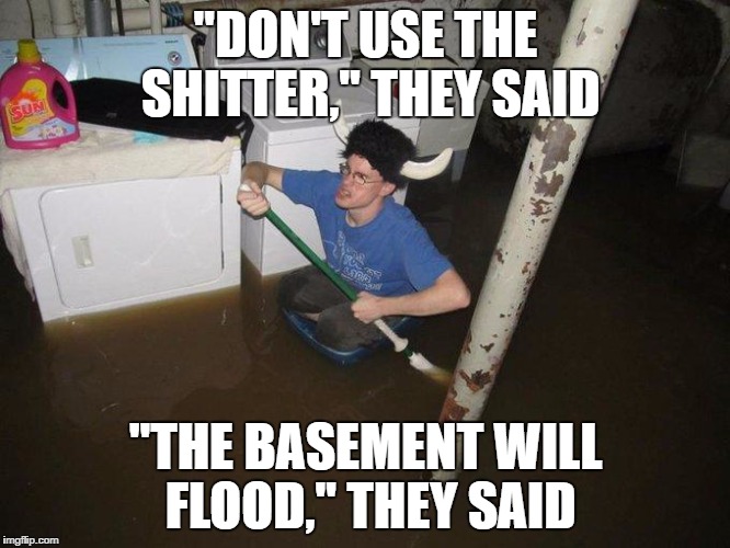 Laundry Viking | "DON'T USE THE SHITTER," THEY SAID; "THE BASEMENT WILL FLOOD," THEY SAID | image tagged in memes,laundry viking | made w/ Imgflip meme maker