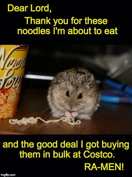 Showin' some gratitude... | Dear Lord, Thank you for these noodles I'm about to eat; and the good deal I got buying them in bulk at Costco. RA-MEN! | image tagged in prayer,thanks,ramen | made w/ Imgflip meme maker