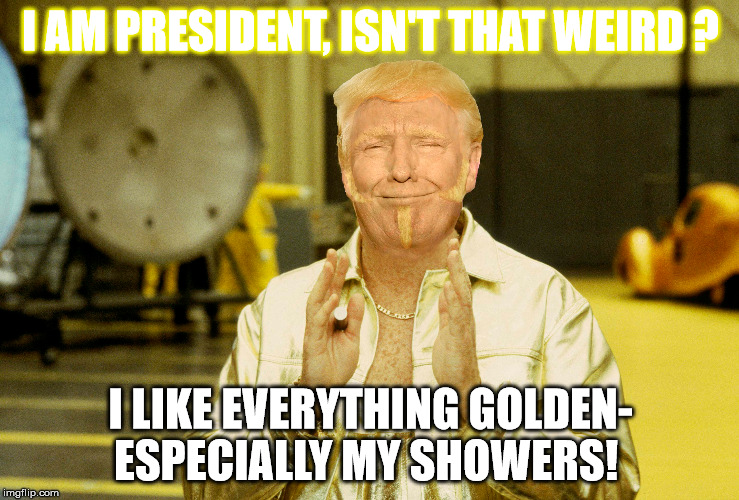 Trump Weird | I AM PRESIDENT, ISN'T THAT WEIRD ? I LIKE EVERYTHING GOLDEN- ESPECIALLY MY SHOWERS! | image tagged in trump,goldmember | made w/ Imgflip meme maker