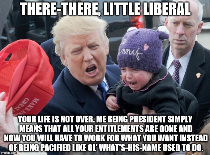 Trump crying baby | THERE-THERE, LITTLE LIBERAL; YOUR LIFE IS NOT OVER. ME BEING PRESIDENT SIMPLY MEANS THAT ALL YOUR ENTITLEMENTS ARE GONE AND NOW YOU WILL HAVE TO WORK FOR WHAT YOU WANT INSTEAD OF BEING PACIFIED LIKE OL' WHAT'S-HIS-NAME USED TO DO. | image tagged in trump crying baby | made w/ Imgflip meme maker