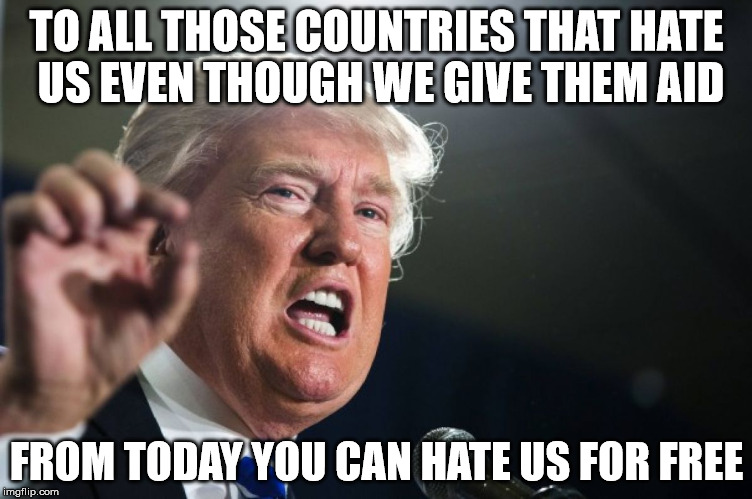 donald trump | TO ALL THOSE COUNTRIES THAT HATE US EVEN THOUGH WE GIVE THEM AID; FROM TODAY YOU CAN HATE US FOR FREE | image tagged in donald trump | made w/ Imgflip meme maker