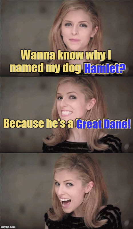 Whether ’tis nobler in the mind to suffer the slings and arrows of outrageous pundom, or (...) by opposing them, end them? :) | Wanna know why I named my dog Hamlet? Hamlet? Because he's a Great Dane! Great Dane! | image tagged in memes,bad pun anna kendrick,hamlet,act 3 scene 1,to pun or not to pun,great dane | made w/ Imgflip meme maker