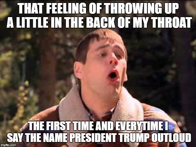 sick | THAT FEELING OF THROWING UP A LITTLE IN THE BACK OF MY THROAT; THE FIRST TIME AND EVERYTIME I SAY THE NAME PRESIDENT TRUMP OUTLOUD | image tagged in donald trump,trump sucks,president trump | made w/ Imgflip meme maker