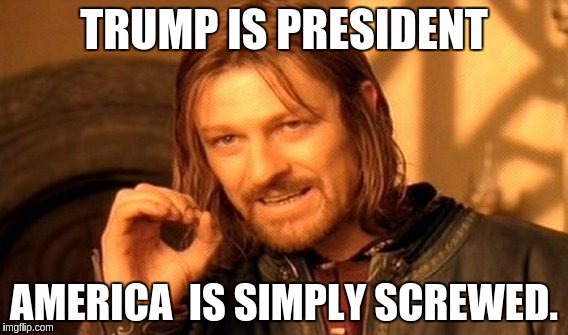 Time for the apocalypse. | TRUMP IS PRESIDENT; AMERICA  IS SIMPLY SCREWED. | image tagged in memes,one does not simply | made w/ Imgflip meme maker