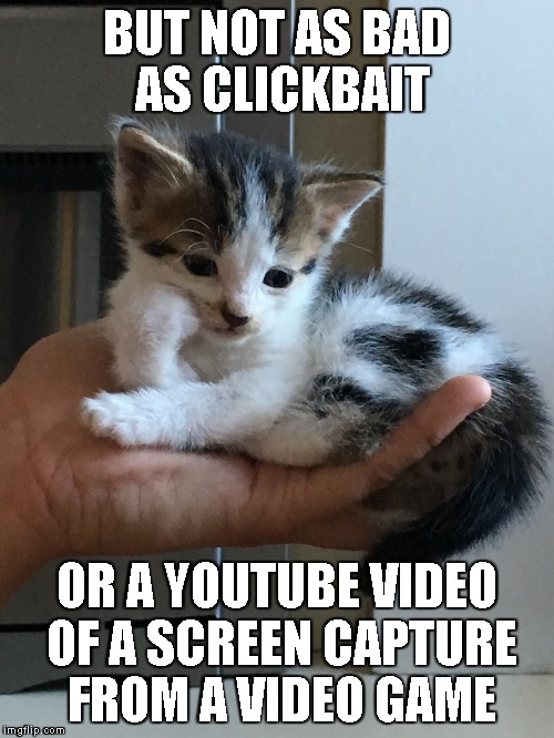 cynical-kitten | BUT NOT AS BAD AS CLICKBAIT OR A YOUTUBE VIDEO OF A SCREEN CAPTURE FROM A VIDEO GAME | image tagged in cynical-kitten | made w/ Imgflip meme maker
