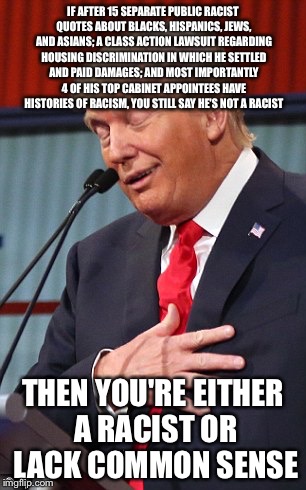 Evil trump  | IF AFTER 15 SEPARATE PUBLIC RACIST QUOTES ABOUT BLACKS, HISPANICS, JEWS, AND ASIANS; A CLASS ACTION LAWSUIT REGARDING HOUSING DISCRIMINATION IN WHICH HE SETTLED AND PAID DAMAGES; AND MOST IMPORTANTLY 4 OF HIS TOP CABINET APPOINTEES HAVE HISTORIES OF RACISM, YOU STILL SAY HE'S NOT A RACIST; THEN YOU'RE EITHER A RACIST OR LACK COMMON SENSE | image tagged in evil trump | made w/ Imgflip meme maker