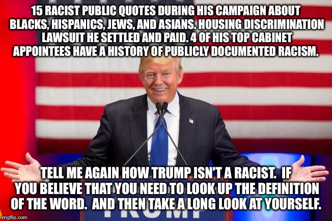 Lying trump  | 15 RACIST PUBLIC QUOTES DURING HIS CAMPAIGN ABOUT BLACKS, HISPANICS, JEWS, AND ASIANS. HOUSING DISCRIMINATION LAWSUIT HE SETTLED AND PAID. 4 OF HIS TOP CABINET APPOINTEES HAVE A HISTORY OF PUBLICLY DOCUMENTED RACISM. TELL ME AGAIN HOW TRUMP ISN'T A RACIST. 
IF YOU BELIEVE THAT YOU NEED TO LOOK UP THE DEFINITION OF THE WORD. 
AND THEN TAKE A LONG LOOK AT YOURSELF. | image tagged in lying trump | made w/ Imgflip meme maker