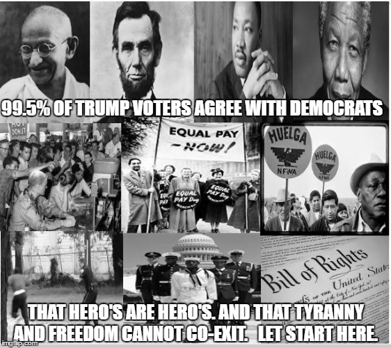 We share the same hero's.  | 99.5% OF TRUMP VOTERS AGREE WITH DEMOCRATS; THAT HERO'S ARE HERO'S. AND THAT TYRANNY AND FREEDOM CANNOT CO-EXIT.
  LET START HERE. | image tagged in democrats,republicans,america,the constitution,government | made w/ Imgflip meme maker
