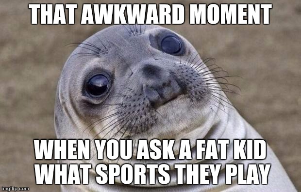 Awkward Moment Sealion Meme | THAT AWKWARD MOMENT; WHEN YOU ASK A FAT KID WHAT SPORTS THEY PLAY | image tagged in memes,awkward moment sealion | made w/ Imgflip meme maker