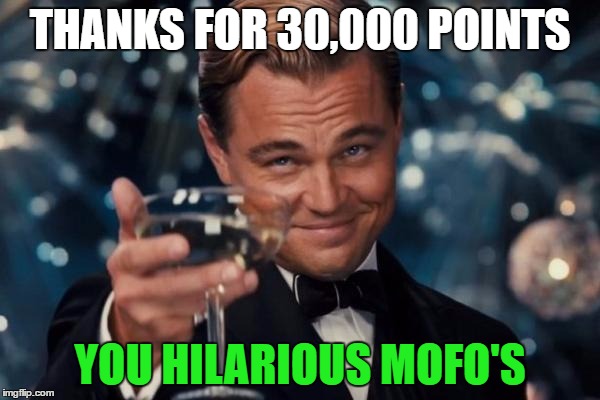 Leonardo Dicaprio Cheers | THANKS FOR 30,000 POINTS; YOU HILARIOUS MOFO'S | image tagged in memes,leonardo dicaprio cheers | made w/ Imgflip meme maker