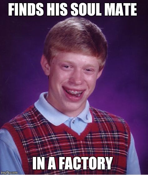 Bad Luck Brian Meme | FINDS HIS SOUL MATE IN A FACTORY | image tagged in memes,bad luck brian | made w/ Imgflip meme maker