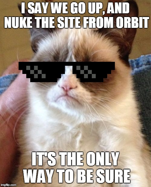 Grumpy Cat Meme | I SAY WE GO UP, AND NUKE THE SITE FROM ORBIT IT'S THE ONLY WAY TO BE SURE | image tagged in memes,grumpy cat | made w/ Imgflip meme maker