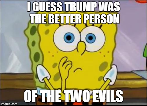 My opinion on the election. | I GUESS TRUMP WAS THE BETTER PERSON; OF THE TWO EVILS | image tagged in spongebob confused face | made w/ Imgflip meme maker