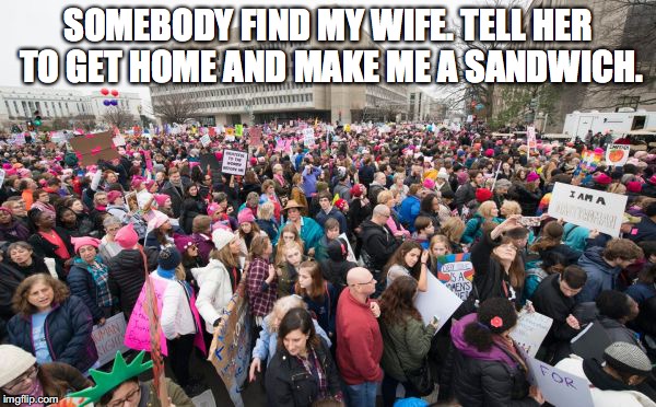 SOMEBODY FIND MY WIFE. TELL HER TO GET HOME AND MAKE ME A SANDWICH. | image tagged in women's rights,retarded liberal protesters,sandwich,vagina hats | made w/ Imgflip meme maker