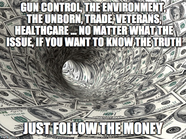 Money Warp | GUN CONTROL, THE ENVIRONMENT, THE UNBORN, TRADE, VETERANS, HEALTHCARE … NO MATTER WHAT THE ISSUE, IF YOU WANT TO KNOW THE TRUTH; JUST FOLLOW THE MONEY | image tagged in money warp | made w/ Imgflip meme maker