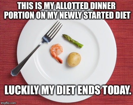 Small Food | THIS IS MY ALLOTTED DINNER PORTION ON MY NEWLY STARTED DIET; LUCKILY MY DIET ENDS TODAY. | image tagged in small food | made w/ Imgflip meme maker