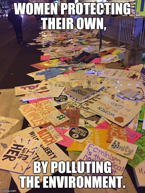 Horray for Feminism!  | WOMEN PROTECTING THEIR OWN, BY POLLUTING THE ENVIRONMENT. | image tagged in feminism,women's march,women rights | made w/ Imgflip meme maker