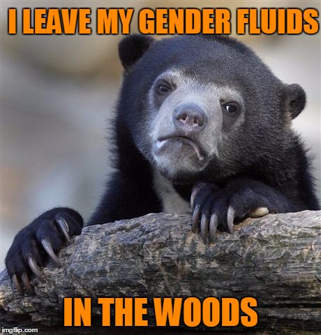Confession Bear Meme | I LEAVE MY GENDER FLUIDS IN THE WOODS | image tagged in memes,confession bear | made w/ Imgflip meme maker